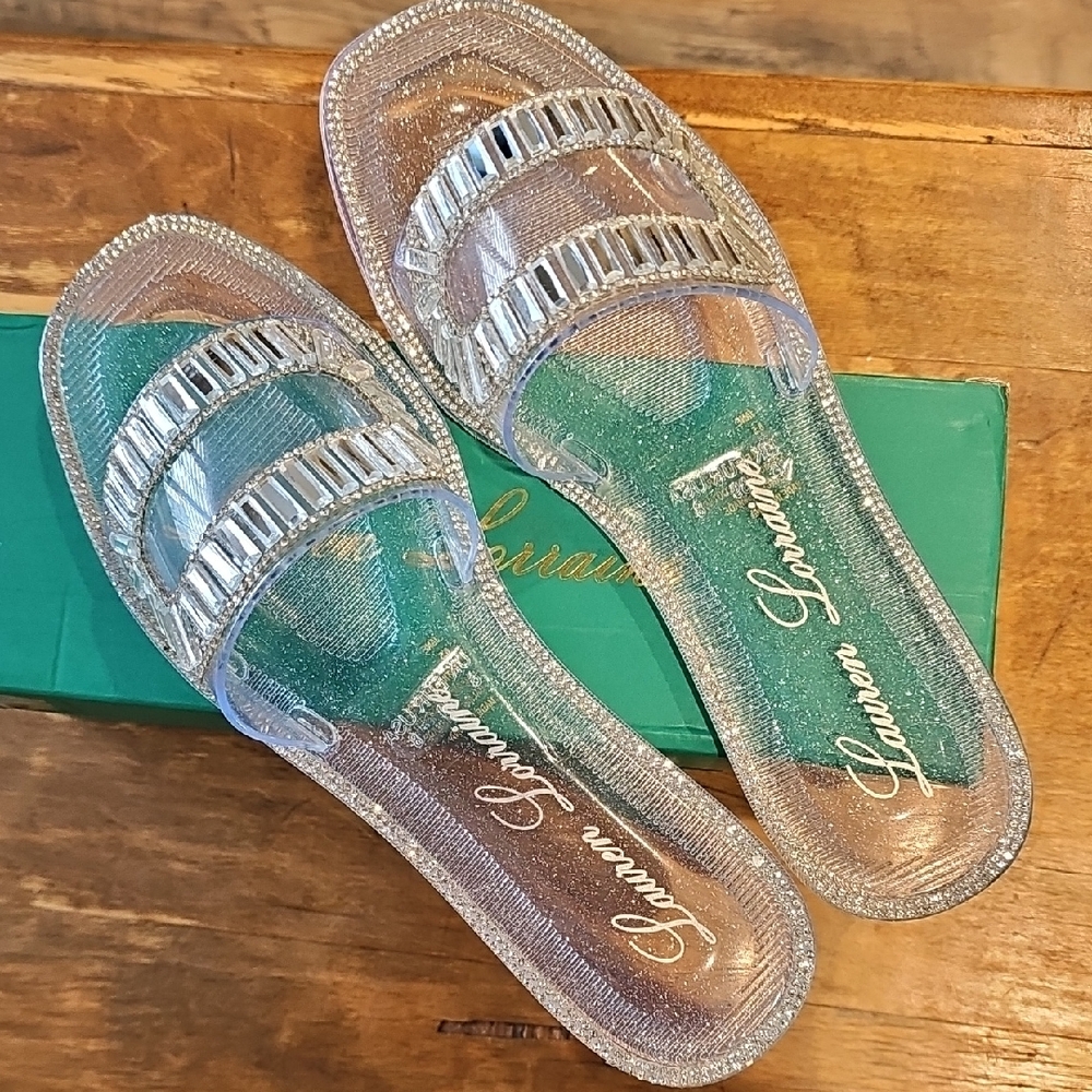 Lauren Lorraine CLEAR Embellished Glittering Slide Sandals NIB